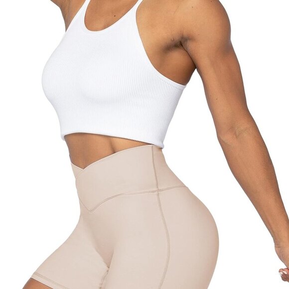 Beige crossover biker shorts for women, 4-inch inseam, high waist, tummy control - Picture 5 of 5